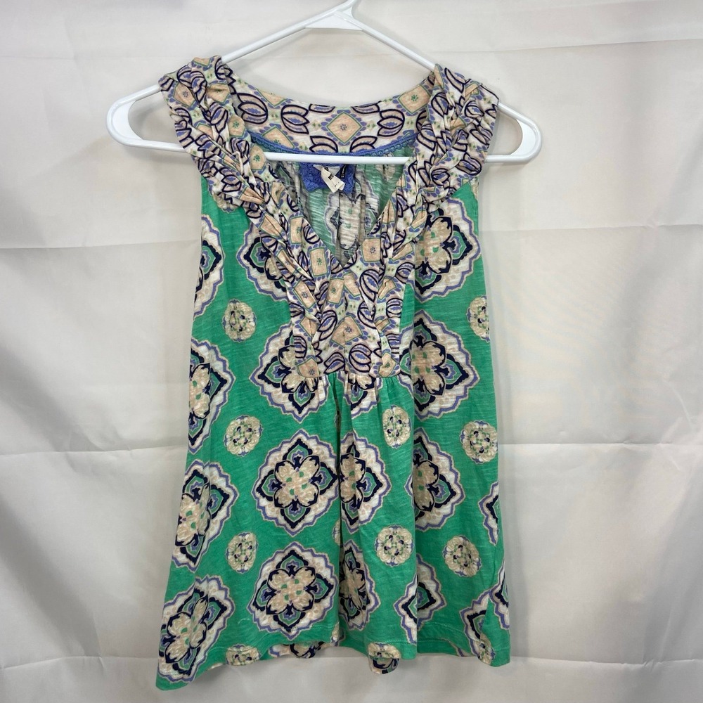 Akemi + Kim Anthropologie women's green geometric‎ v-neck cotton tank top blouse